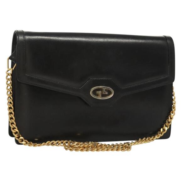 GUCCI Chain Shoulder Bag Leather Black Gold - Picture 1 of 16
